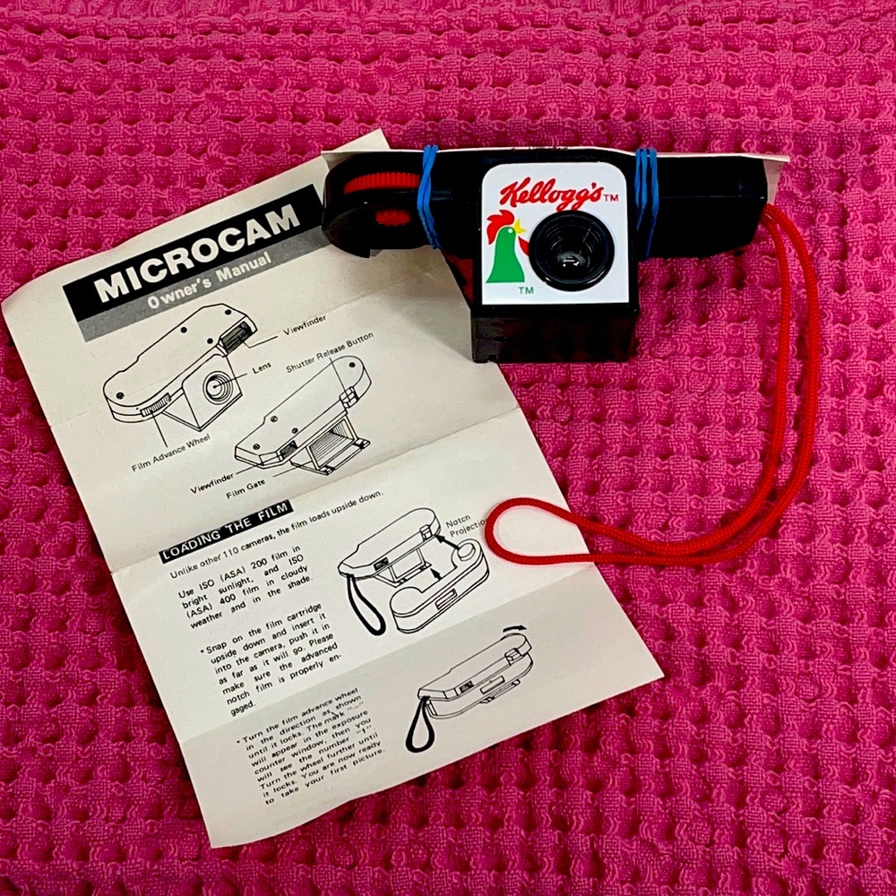 TWO 80's Vintage Kelloggs advertising premium Cameras/Rooster logo 110 film pack
